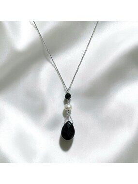Sterling Silver Necklace Black Onyx Pearl Dangle Pendant Drop 18" Elegant Formal